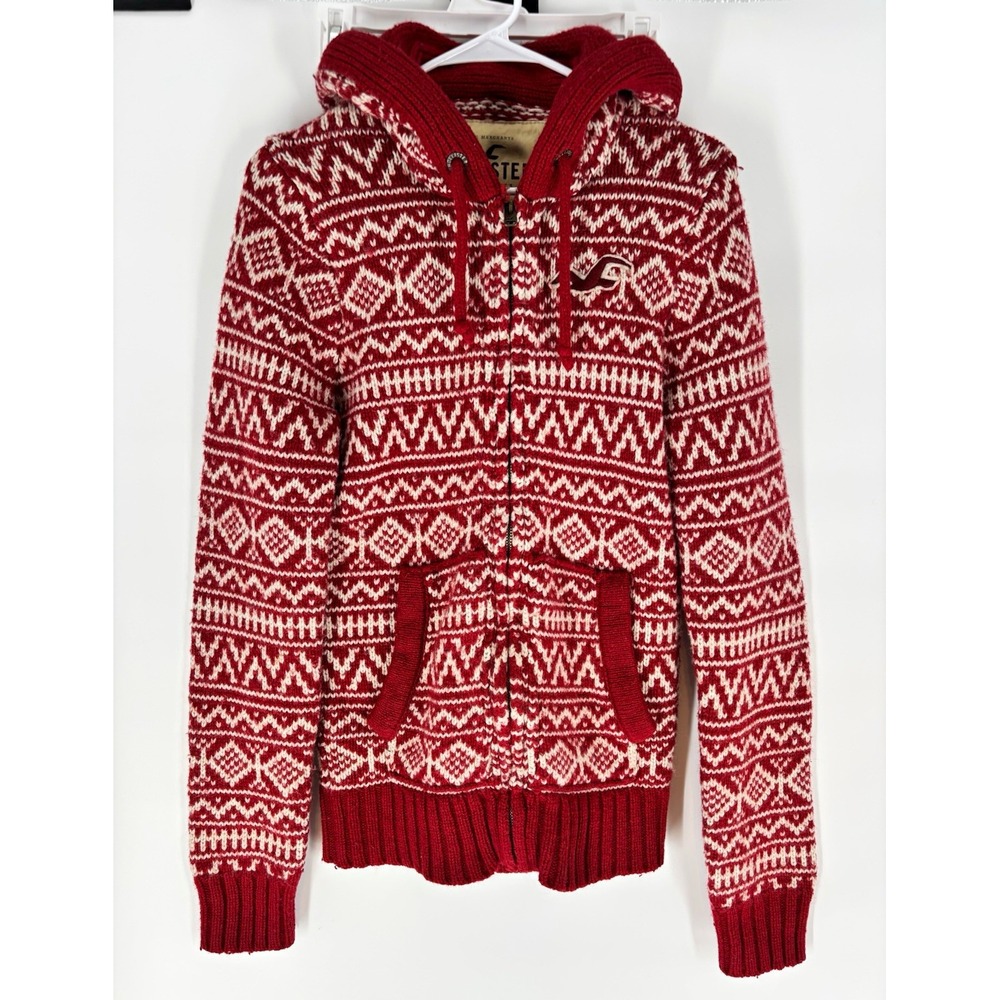 Hollister Womens Y2K Fair Isle Knit Hooded Full Zip Sweater M Nordic Cabin Ski